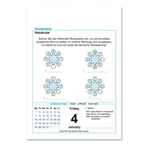 Vokabelrätsel mit fehlenden Buchstaben, deutsche Anleitung, Kalenderteil für Freitag, 4. Januar.