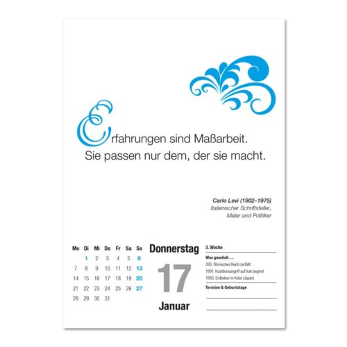 Kalenderseite mit einem Zitat, Schnörkeln und dem Datum Donnerstag, 17. Januar.