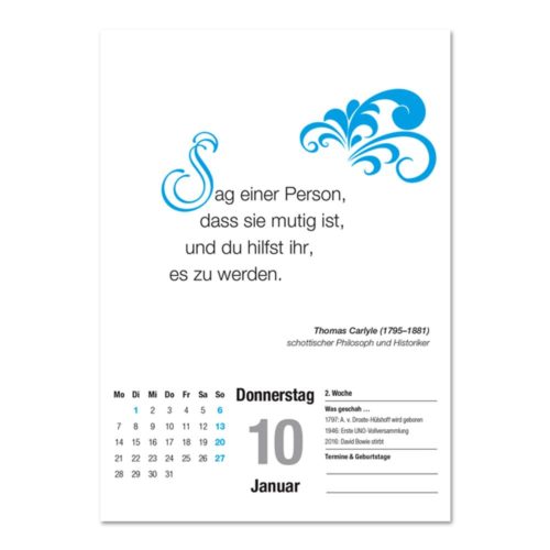 Deutsches Kalenderblatt mit Zitat, Deko-Elementen, Datum: Donnerstag, 10. Januar und kleiner Kalenderansicht.