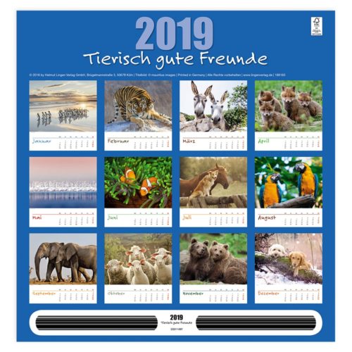 Tierkalender 2019 mit monatlichen Fotos verschiedener Tiere, darunter Tiger, Elefanten und Papageien.