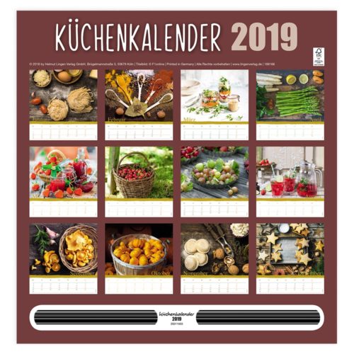 Küchenkalender 2019 mit Lebensmitteln und Zutaten für jeden Monat und braunem Rand.