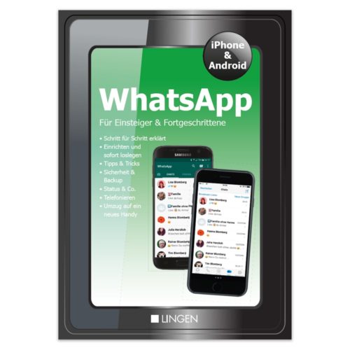Cover eines WhatsApp-Handbuchs für iPhone- und Android-Benutzer mit App-Oberfläche und Tipps.