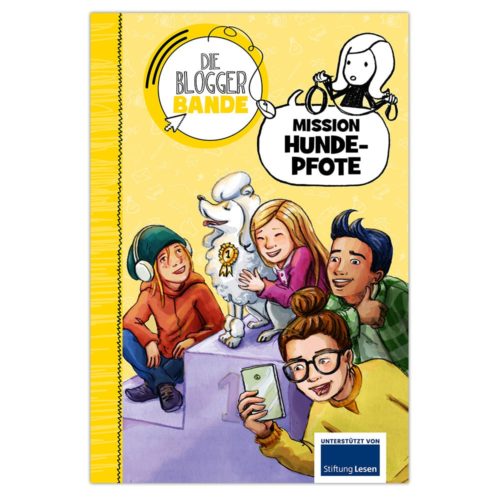 Vier Kinder und ein Hund auf einem gelben Buchcover mit dem Titel „Mission Hundepfote“ mit Cartoon-Elementen.