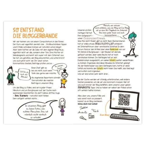 Grafik im Comic-Stil zur Vorstellung von „Die Bloggerbande“ mit Textblasen, Illustrationen und einem QR-Code.