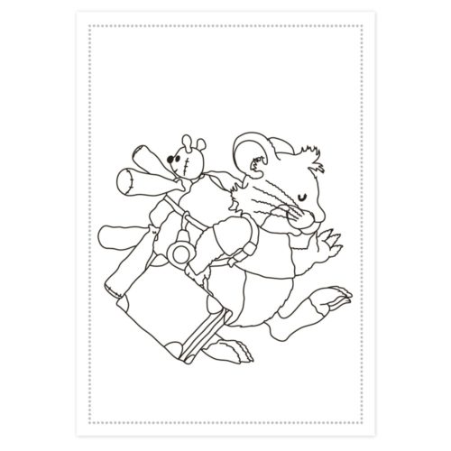 Strichzeichnung einer Maus, die einen Rucksack und ein zusammengerolltes Papier trägt, aus dessen Tasche ein Teddybär hervorschaut.