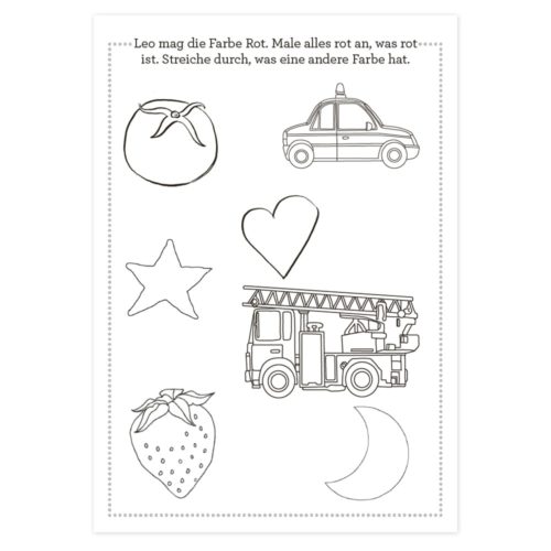 Malvorlage mit einer Tomate, einem Herz, einem Stern, einem Auto, einer Erdbeere, einem Feuerwehrauto und einem Mond. Der deutsche Text fordert dazu auf, nicht rote Gegenstände zu finden.
