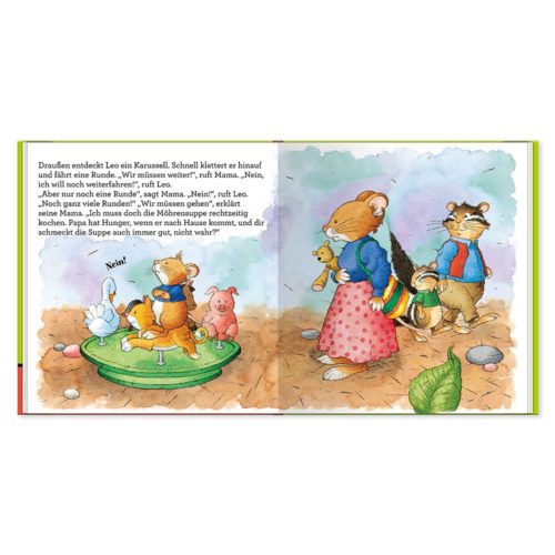 Illustration einer Tierfamilie, die mit einem Korb spazieren geht, wobei ein Tier auf einem Karussell spielt.