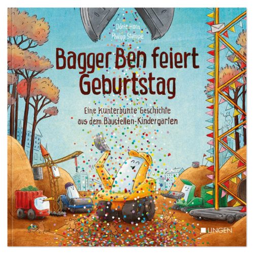 Farbenfrohes Kinderbuchcover mit fröhlichen Baufahrzeugen. Titel in Deutsch.