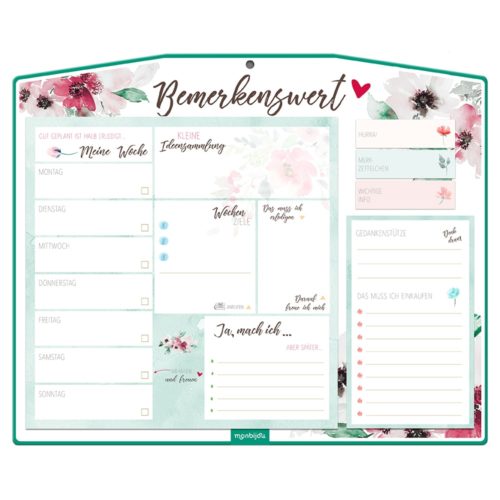 Blumiger Wochenplaner in deutscher Sprache mit Abschnitten für Notizen, To-Do-Listen und Erinnerungen.
