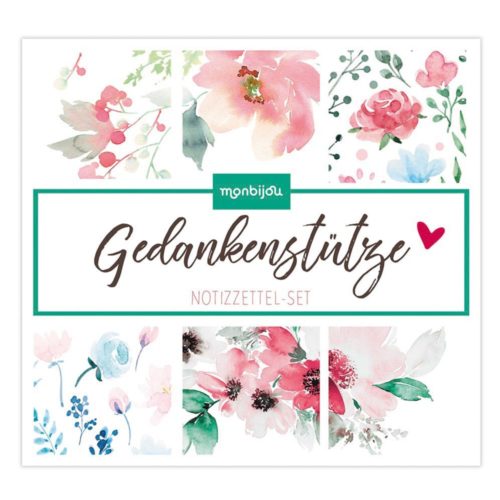 Notizblock-Set mit Blumenmotiv, Aquarellblumen und dem Text „Gedankenstütze Notizzettel-Set“ in der Mitte.