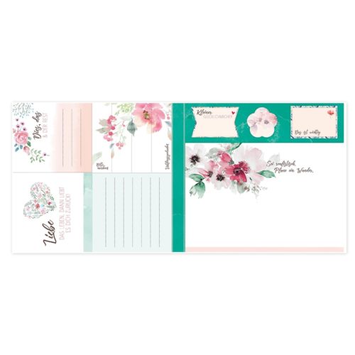 Farbenfrohes Briefpapier-Set mit Blumenmotiven, Notizen, Blumen und motivierenden Zitaten in verschiedenen Abschnitten.