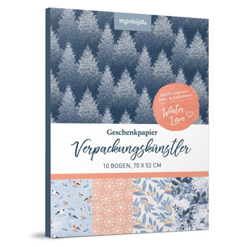 Geschenkpapierpaket mit verschiedenen winterlichen Motiven, darunter Bäume und Muster. Deutscher Text auf dem Umschlag.