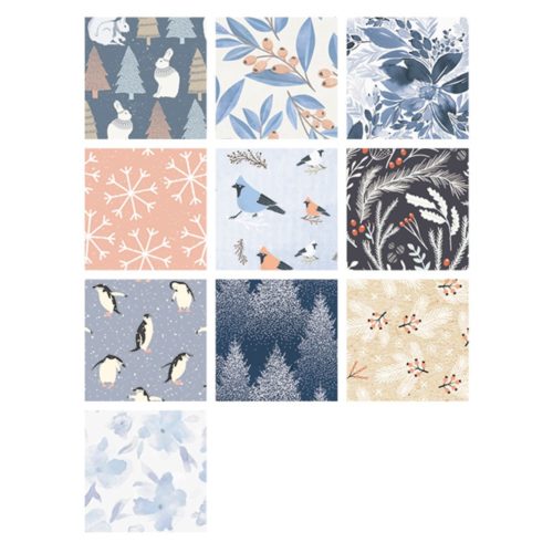 Raster aus winterlichen Designs mit Tieren, Bäumen und Schneeflocken in sanften Blau-, Rosa- und Cremetönen.