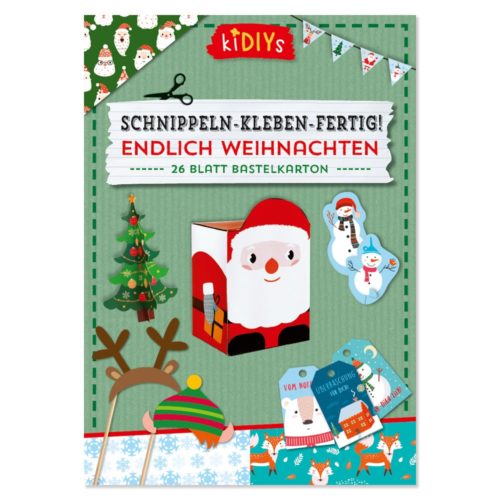 Weihnachtsbastelset mit Weihnachtsmann-, Schneemann- und Rentiermotiven auf festlichem grünen Hintergrund.