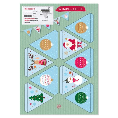Wimpelbanner mit weihnachtlichem Thema und festlichen Symbolen: Rentier, Weihnachtsmann, Schneemann, Ornamente und ein Weihnachtsbaum.
