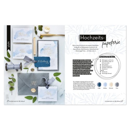 Hochzeitspapeterie-Set mit Kalligrafie, Umschlägen und Dekoelementen auf weißem Untergrund.