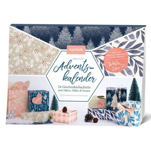 DIY-Adventskalender-Set mit dekorativen Geschenkboxen und winterlichen Motiven.