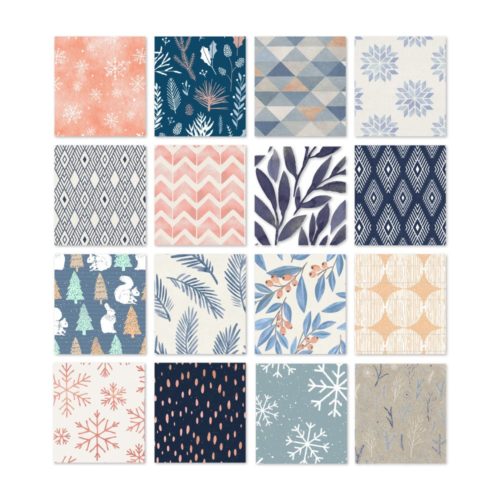Ein Raster aus 16 saisonalen Mustern mit Winter- und Naturdesigns in Pastelltönen und gedeckten Tönen.