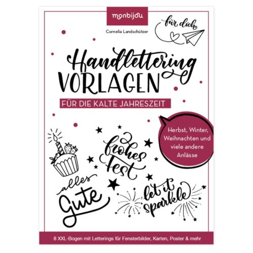 Cover eines deutschen Handlettering-Buches für festliche Anlässe, mit dekorativem Text und Illustrationen.