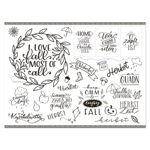 Dekorative Texte und Illustrationen zum Thema Herbst, darunter Blätter, Kürbisse und Sätze wie „Ich liebe den Herbst am meisten.“