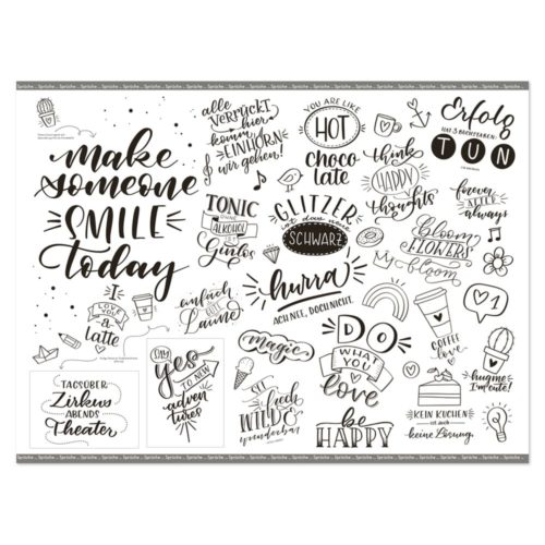 Handgezeichnete Motivationssprüche und Kritzeleien in Schwarzweiß mit verspielter Typografie.