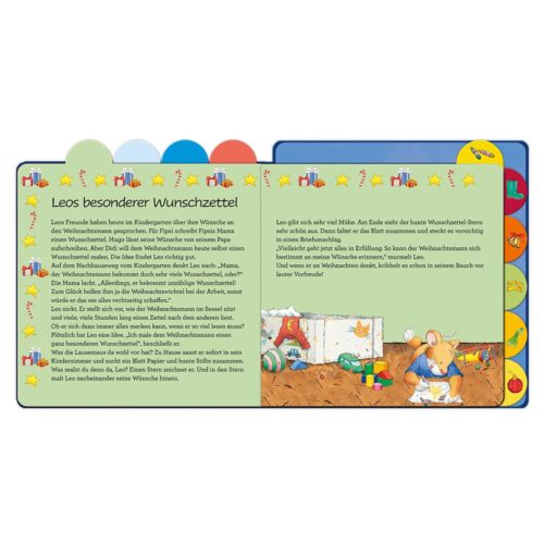 Kinderbuchseite mit bunten Illustrationen, Sternen und einer Geschichte über den Löwen und Weihnachtswünsche.