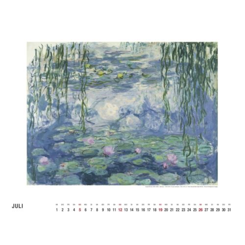 Kalenderseite für Juli mit Monets Seerosengemälde mit hängenden Weidenzweigen.