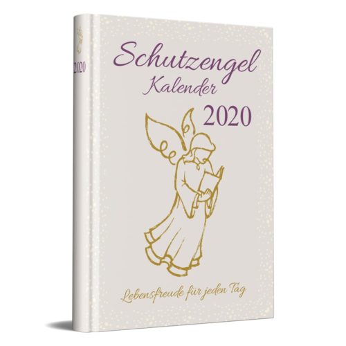 Cover des „Schutzengel Kalender 2020“ mit Engelillustration und goldenem Text auf hellem Hintergrund.