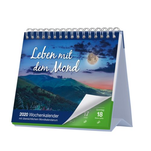 Wöchentlicher Tischkalender 2020 mit Mondmotiv und Berglandschaft sowie Nachthimmel-Motiv auf dem Cover.