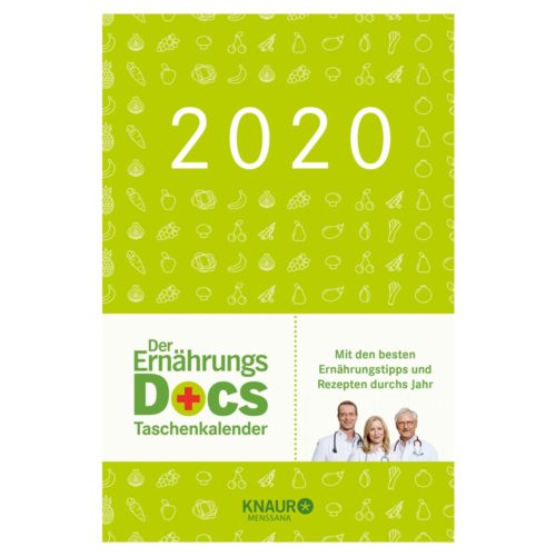 Grünes Kalendercover für 2020 mit Illustrationen zum Thema Ernährung und Porträts von drei Personen am unteren Rand.
