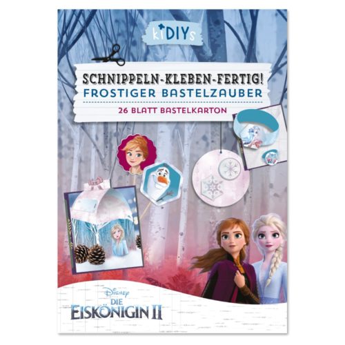 Bastelset mit „Frozen II“-Figuren in einem verschneiten Wald, mit Bastelprojekten und lebendigen Illustrationen.