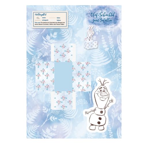 Blau-weißer Blumenhintergrund mit ausgeschnittener Olaf-Schneemann-Illustration und dekorativem Muster.