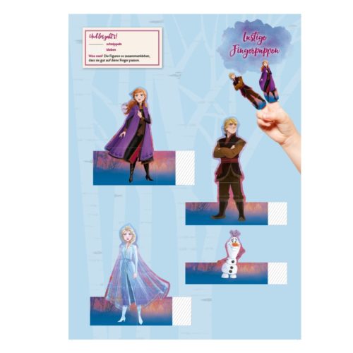 Fingerpuppen aus Papier mit Figuren in Winteroutfits auf blauem Hintergrund mit weißen Baummustern.