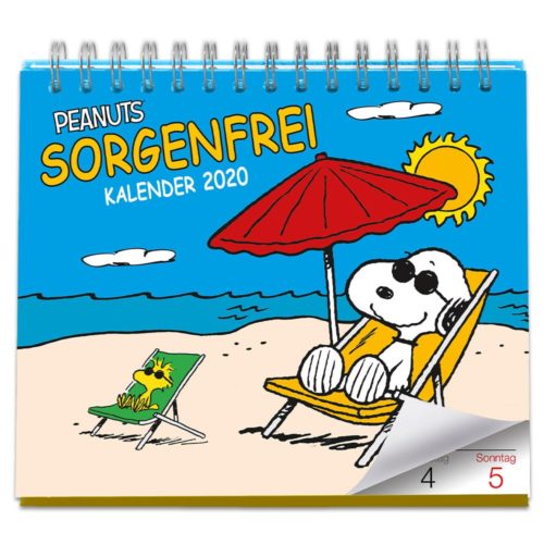 Cartoon-Hund sonnt sich mit Sonnenschirm am Strand, neben ihm sitzt ein kleiner gelber Vogel auf einem Stuhl. Kalendertext: „Sorgenfrei 2020“.