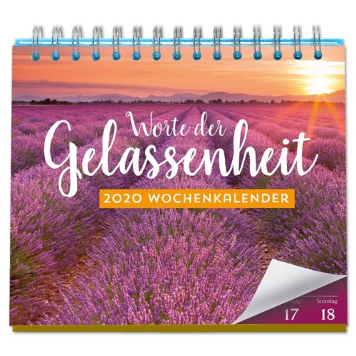 Wochenkalender 2020 mit lila Lavendelfeld bei Sonnenuntergang auf dem Cover, mit dem Titel „Worte der Gelassenheit.