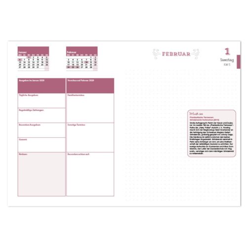 Planerseite für den 1. Februar mit Abschnitten für Notizen und Tagesordnungen.
