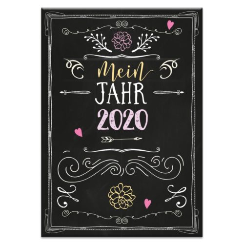 Design im Tafel-Stil mit „Mein Jahr 2020“ und dekorativen Blumen- und Herzelementen.