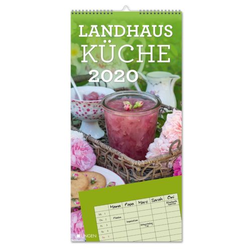 Wandkalender 2020 mit einem Gartentisch mit rosa Blumen und einem Fruchtgetränk.