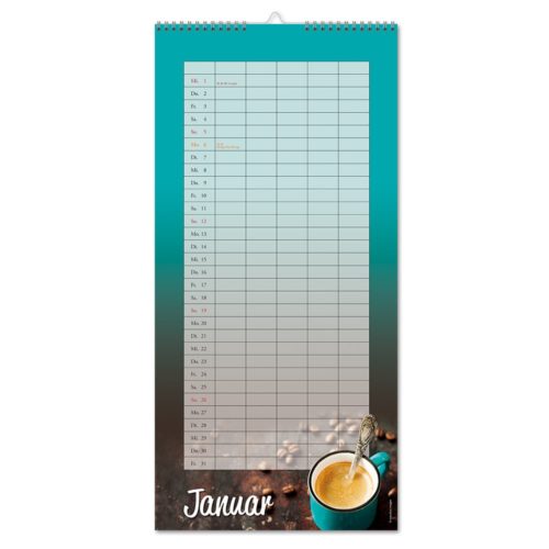 Ein blaugrüner Kalender für Januar mit einer Tasse Kaffee unten.
