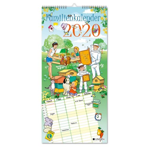 Illustrierter Familienkalender 2020 mit Garten- und Bienenzuchtszene über einem leeren Monatsraster.