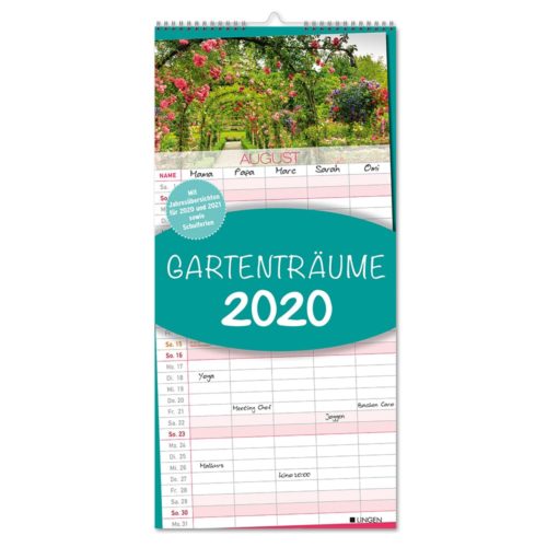 Ein Wandkalender für 2020 mit einem Gartenfoto oben und einem Terminplaner für August darunter.