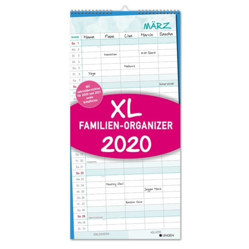 Ein Familienkalender für 2020 mit blauer Kopfzeile und Namensspalten für Familienmitglieder.