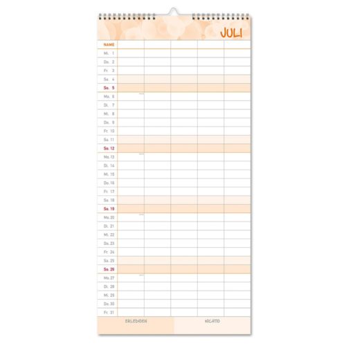 Ein deutscher Wandkalender für Juli mit Spalten für Namen und Daten, der Wochentage und Wochenenden in einem Rasterformat anzeigt.