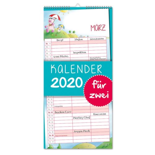 Deutscher Kalender 2020 für zwei mit Cartoon-Illustrationen, mit dem Monat März und einem Zeitplan für Ereignisse und Aufgaben.