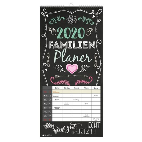 Familienplaner-Kalender für 2020 mit dekorativen Elementen und Wochenplan.