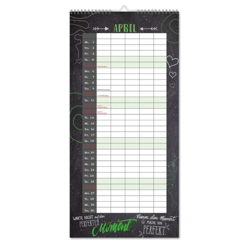 Wandkalender für April im Tafeldesign mit Rasterlayout für tägliche Notizen und dekorativen Elementen.