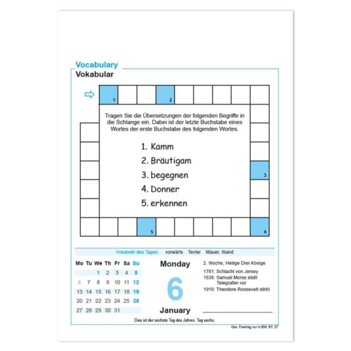 Ein Kreuzworträtsel auf Deutsch mit einem Kalender unten, der Montag, den 6. Januar, zeigt.