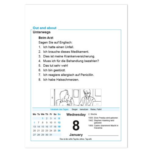 Ein Vokabelblatt mit Dialoganregungen zum Arztbesuch und ein Kalender für den 8. Januar.