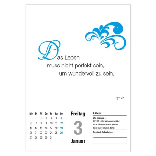Deutsches Kalenderblatt mit Zitat, Blumenmuster und hervorgehobenem 3. Januar.