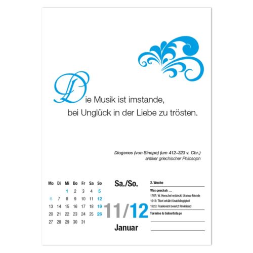 Kalenderblatt für den 11./12. Januar mit deutschem Zitat und dekorativer blauer Gestaltung am oberen Rand.